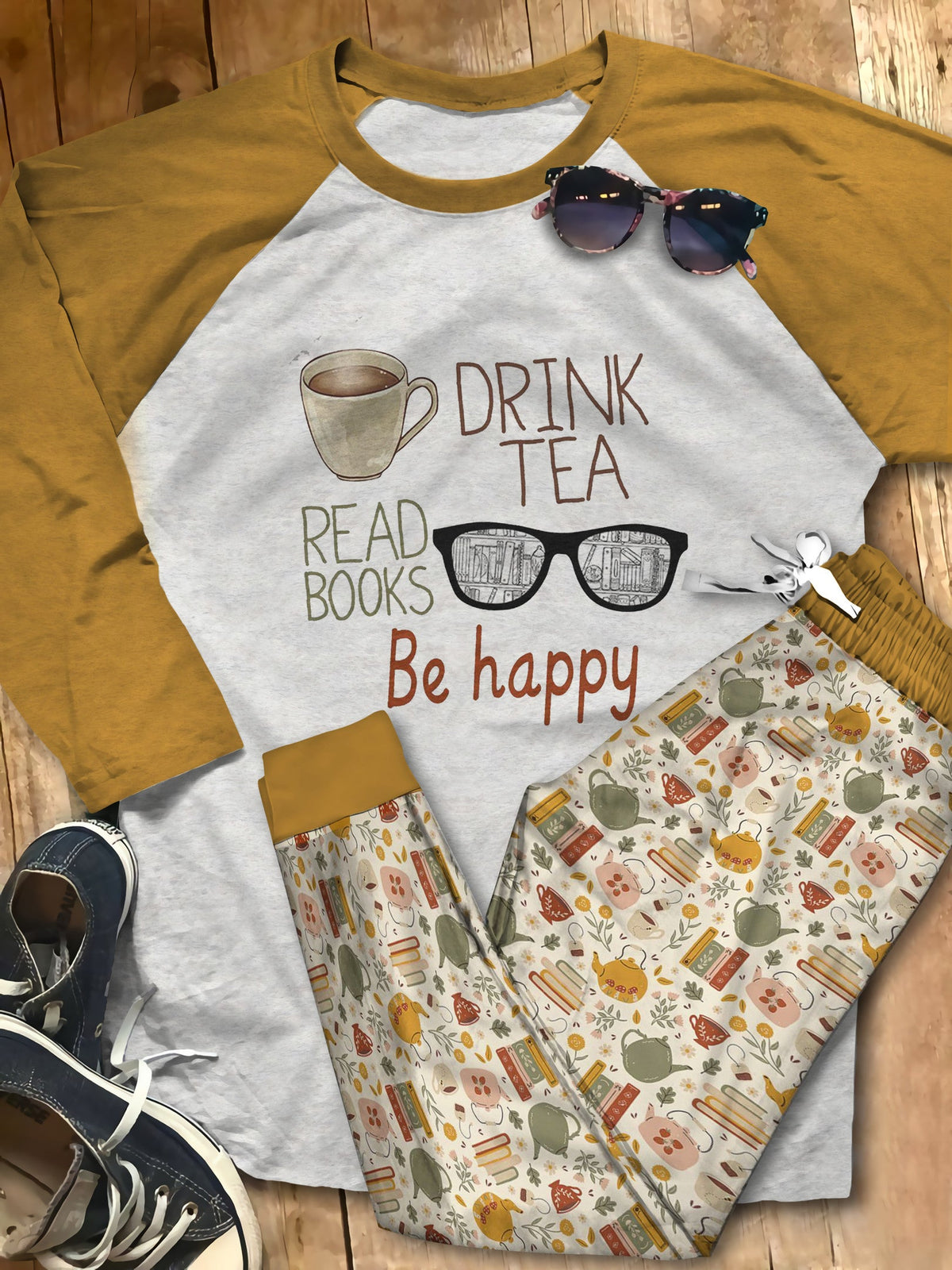 Reading Drink Tea Read Books Be Happy Pajama Set |Sleepwear Pjs Sets | Raglan Shirt Pants Set
