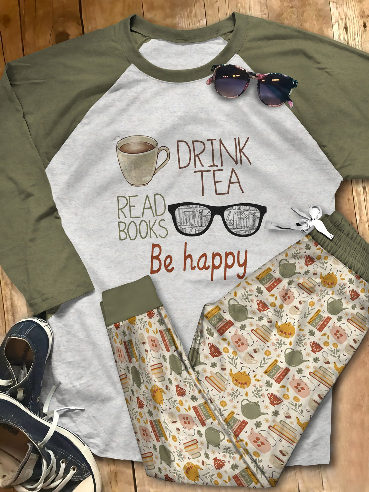Reading Drink Tea Read Books Be Happy Pajama Set |Sleepwear Pjs Sets | Raglan Shirt Pants Set