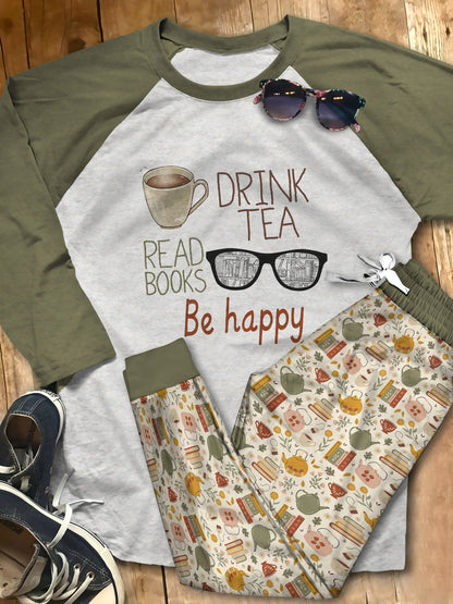 Reading Drink Tea Read Books Be Happy Pajama Set |Sleepwear Pjs Sets | Raglan Shirt Pants Set