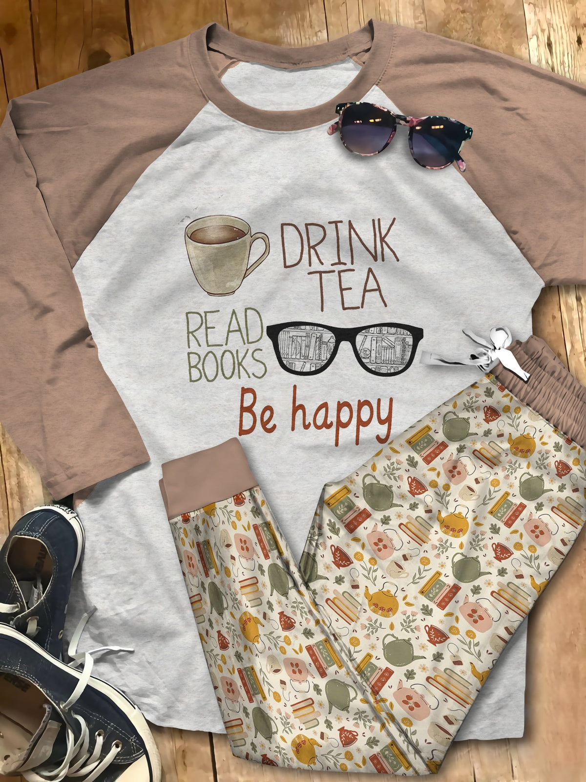 Reading Drink Tea Read Books Be Happy Pajama Set |Sleepwear Pjs Sets | Raglan Shirt Pants Set