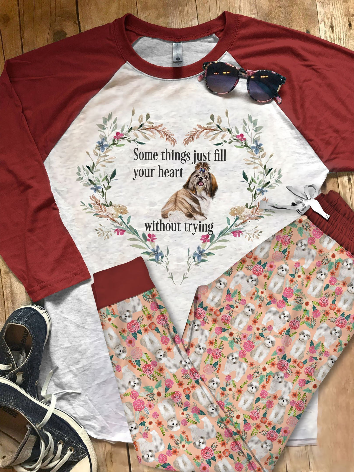 Shihtzu Red High Quality Pajama Set |Sleepwear Pjs Sets | Raglan Shirt Pants Set