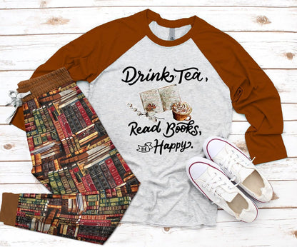 Reading Drink Tea Read Book Be Happy Brown Nice Pajama Set |Sleepwear Pjs Sets | Raglan Shirt Pants Set