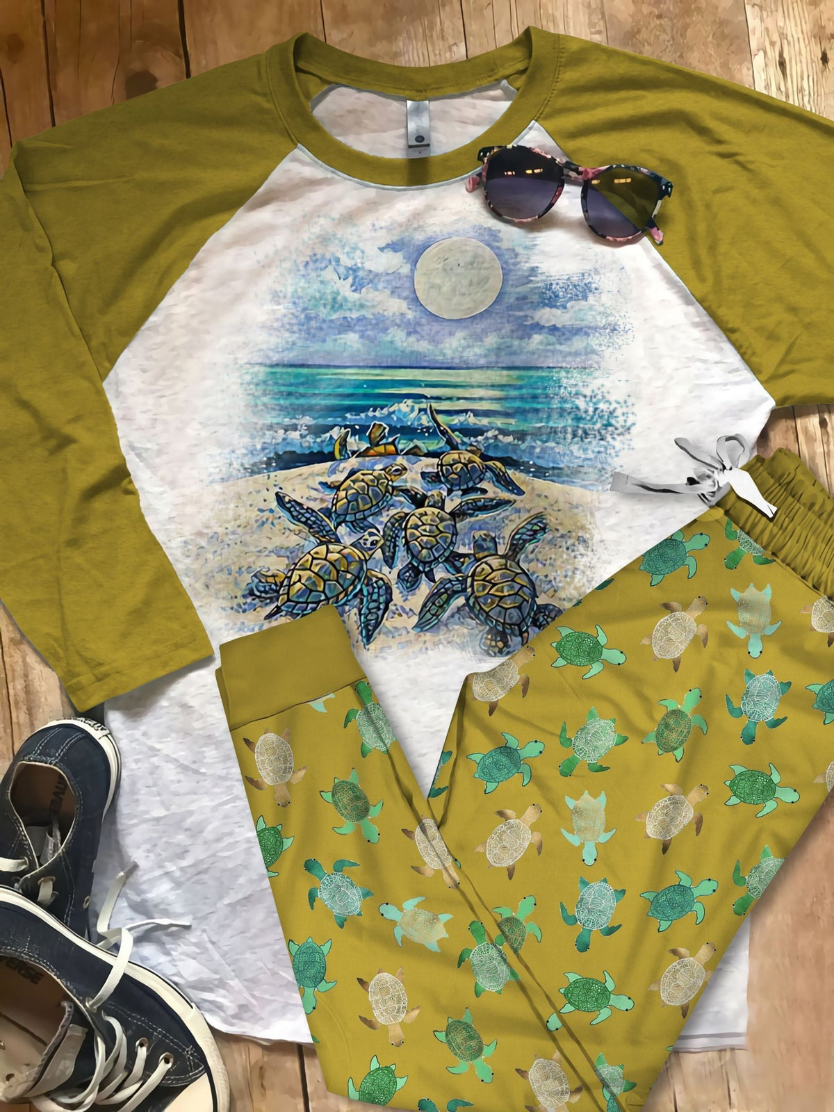 Sea Turtle Toward The Moon Pajama Set |Sleepwear Pjs Sets | Raglan Shirt Pants Set