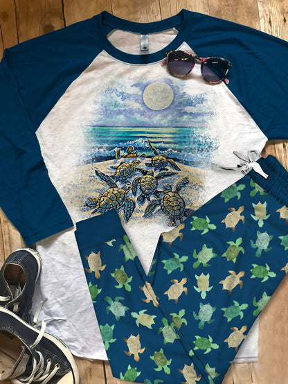 Sea Turtle Toward The Moon Pajama Set |Sleepwear Pjs Sets | Raglan Shirt Pants Set