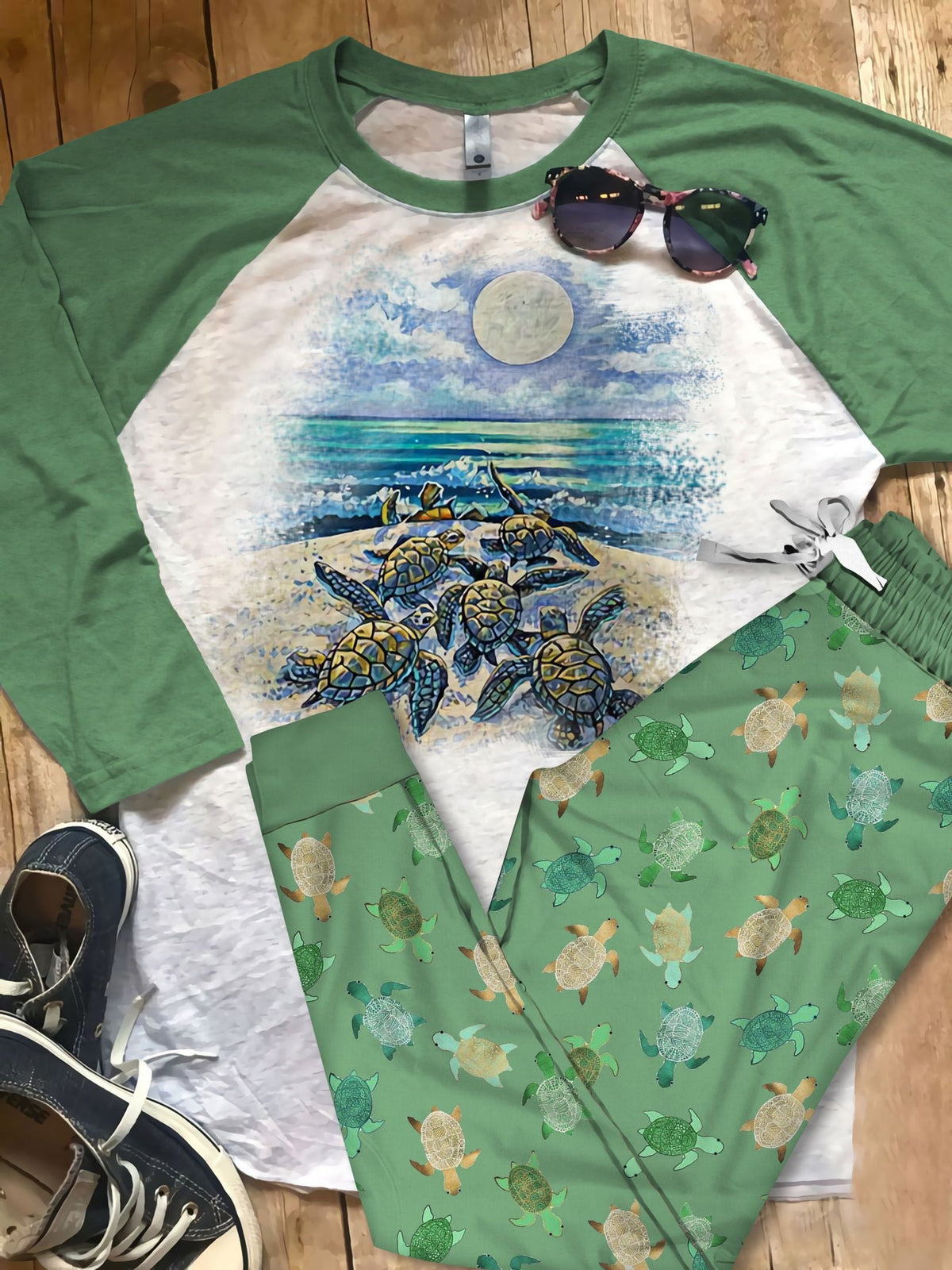 Sea Turtle Toward The Moon Pajama Set |Sleepwear Pjs Sets | Raglan Shirt Pants Set