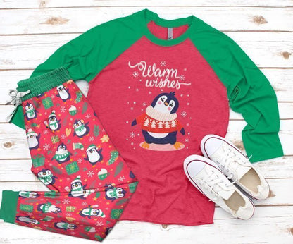 Penguin Warm Wishes Green Amazing Pajama Set |Sleepwear Pjs Sets | Raglan Shirt Pants Set