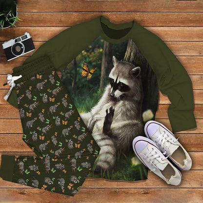 Raccoon Sitting Butterfly Green Awesome Pajama Set |Sleepwear Pjs Sets | Raglan Shirt Pants Set