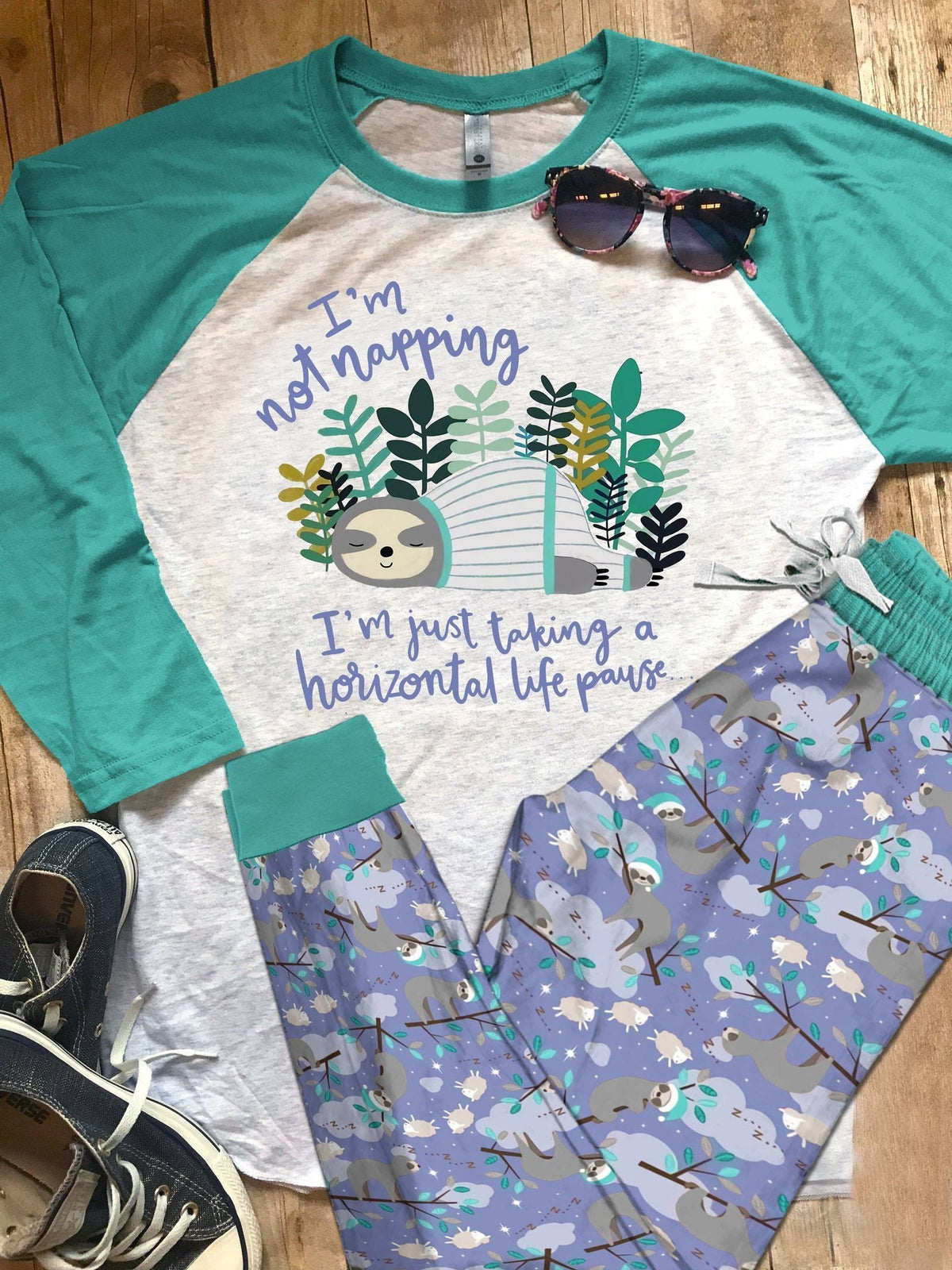 Sloth Teal Good Quality Pajama Set |Sleepwear Pjs Sets | Raglan Shirt Pants Set