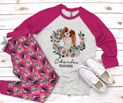 Cavalier King Charles Spaniel Charles Rules Purple Pajama Set |Sleepwear Pjs Sets | Raglan Shirt Pants Set