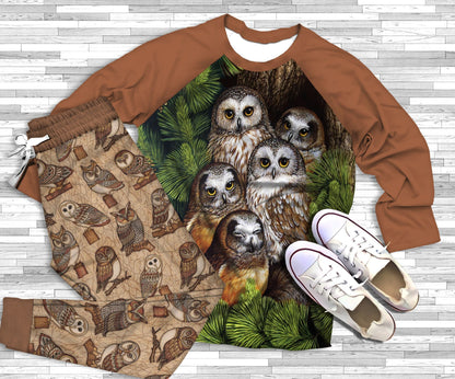 Owl Family Art Brown Awesome Pajama Set |Sleepwear Pjs Sets | Raglan Shirt Pants Set
