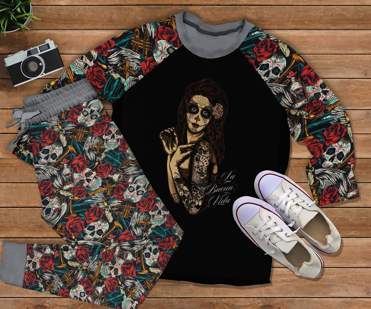 Day Of The Dead Cool Girl Pajama Set |Sleepwear Pjs Sets | Raglan Shirt Pants Set