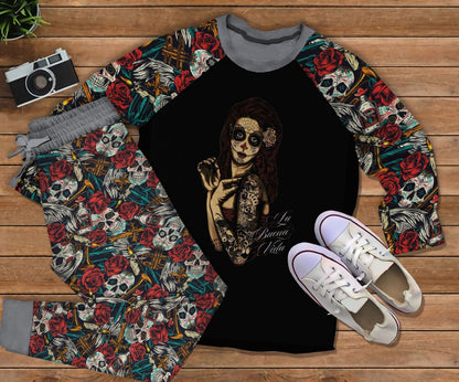 Day Of The Dead Cool Girl Pajama Set |Sleepwear Pjs Sets | Raglan Shirt Pants Set