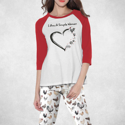 Chicken Set I Am A Simple Woman Pajama Set |Sleepwear Pjs Sets | Raglan Shirt Pants Set