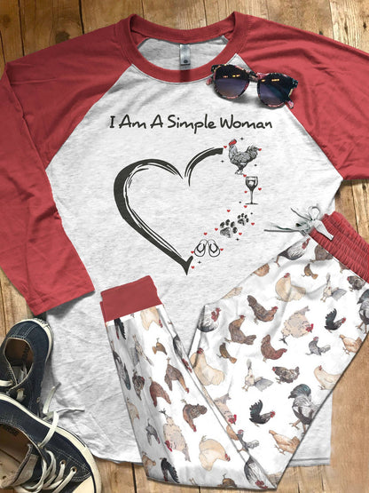 Chicken Set I Am A Simple Woman Pajama Set |Sleepwear Pjs Sets | Raglan Shirt Pants Set