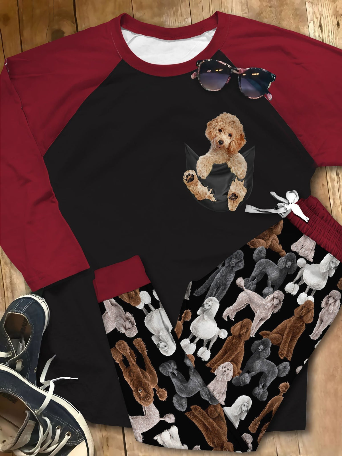 Poodle Cute Pocket Burgundy Good Pajama Set |Sleepwear Pjs Sets | Raglan Shirt Pants Set