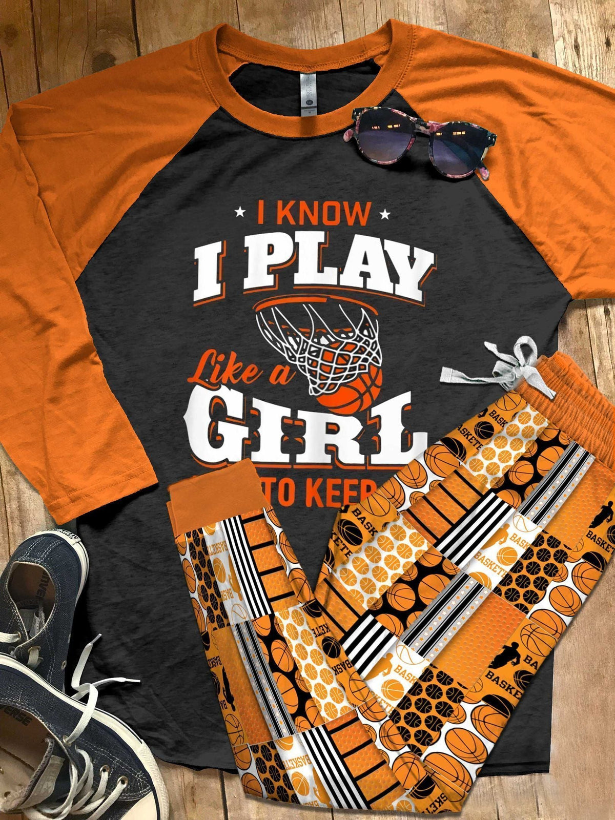 Basketball Like A Girl Try To Keep Up Orange Good Pajama Set |Sleepwear Pjs Sets | Raglan Shirt Pants Set