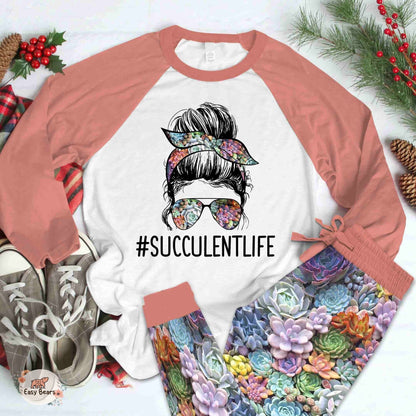 Succulent Set Succulent Life Pajama Set |Sleepwear Pjs Sets | Raglan Shirt Pants Set