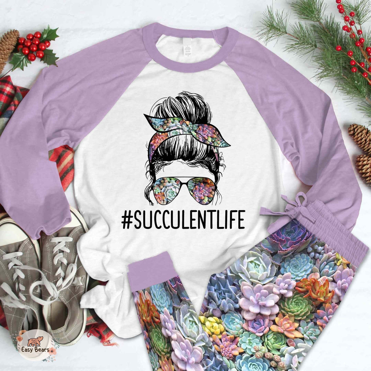 Succulent Set Succulent Life Pajama Set |Sleepwear Pjs Sets | Raglan Shirt Pants Set