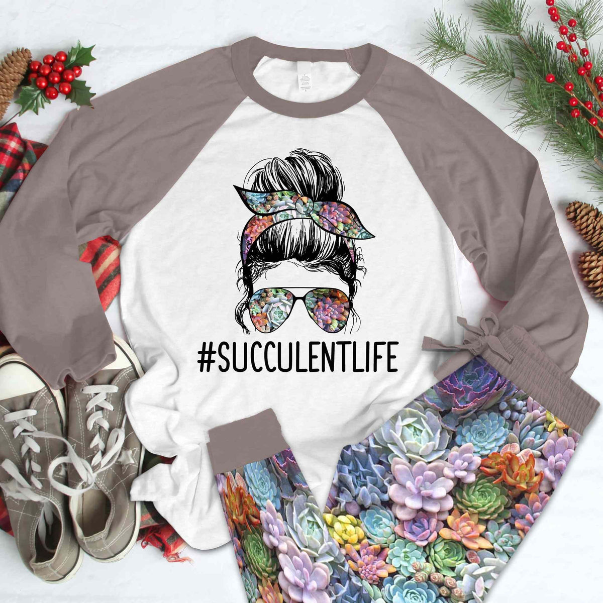 Succulent Set Succulent Life Pajama Set |Sleepwear Pjs Sets | Raglan Shirt Pants Set