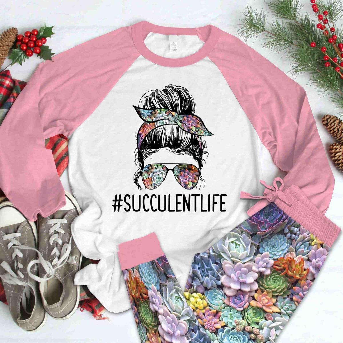 Succulent Set Succulent Life Pajama Set |Sleepwear Pjs Sets | Raglan Shirt Pants Set