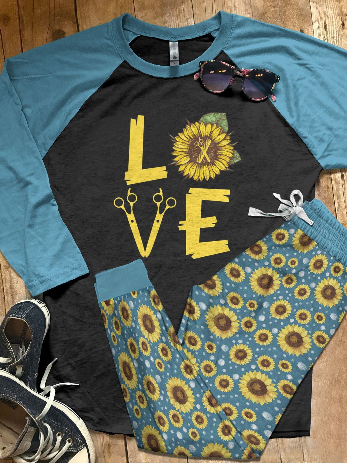 Hairstylist Set Sunflower Hairstylist Pajama Set |Sleepwear Pjs Sets | Raglan Shirt Pants Set