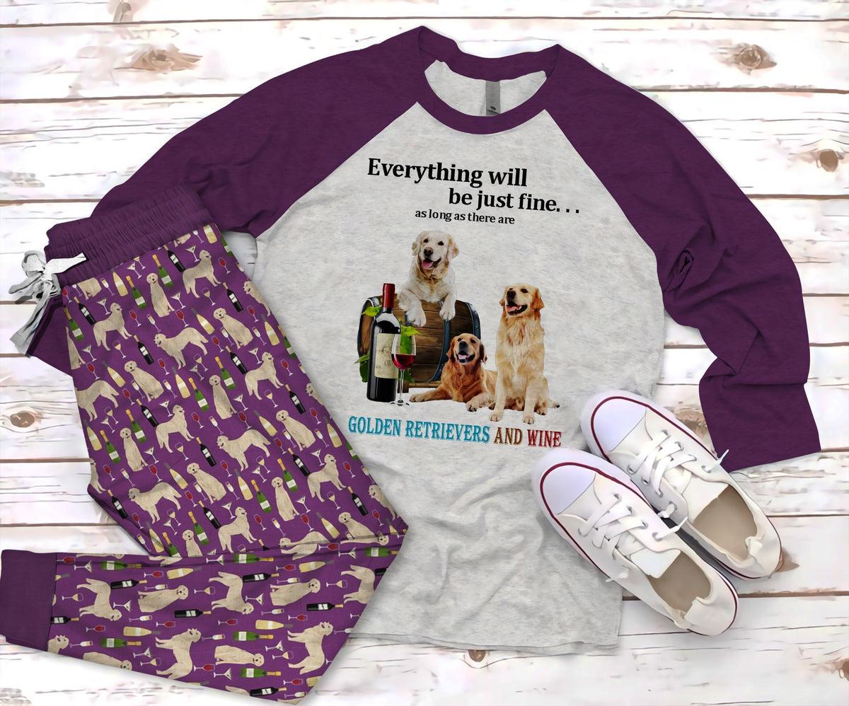 Golden Retriever Golden Wine Purple Unique Pajama Set |Sleepwear Pjs Sets | Raglan Shirt Pants Set