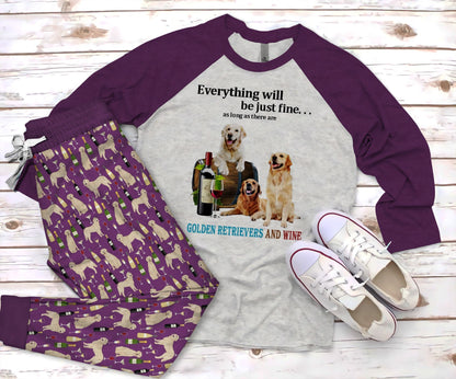 Golden Retriever Golden Wine Purple Unique Pajama Set |Sleepwear Pjs Sets | Raglan Shirt Pants Set