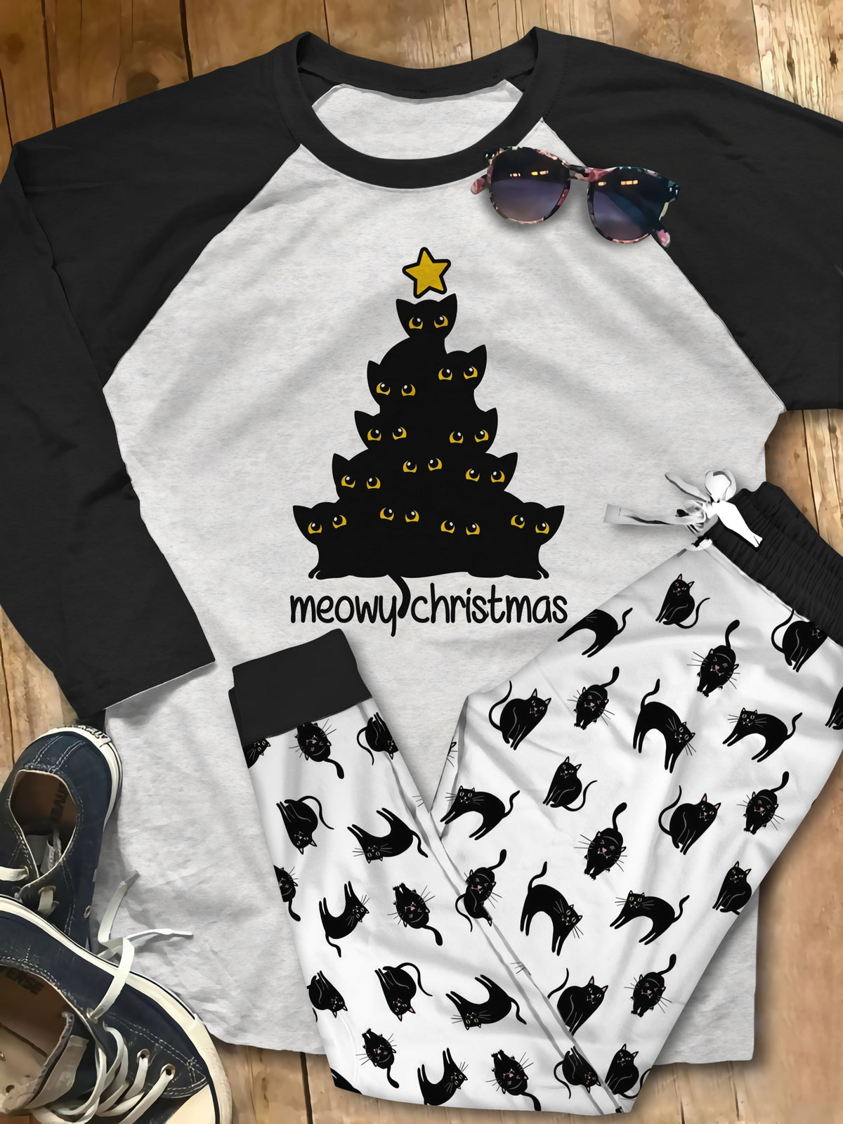 Black Cat Black Amazing Pajama Set |Sleepwear Pjs Sets | Raglan Shirt Pants Set