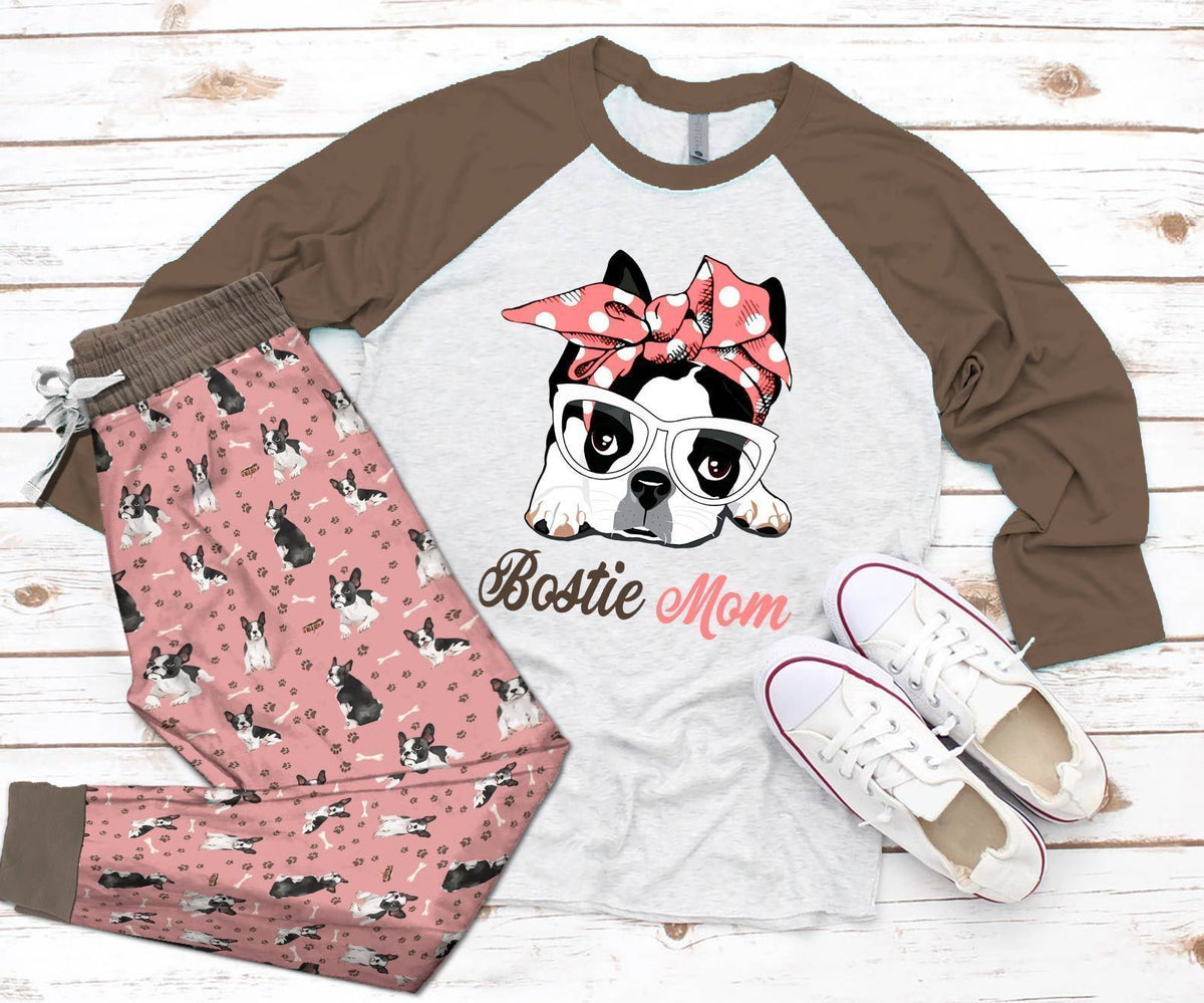 Boston Terrier Bostie Mom Brown Unique Pajama Set |Sleepwear Pjs Sets | Raglan Shirt Pants Set