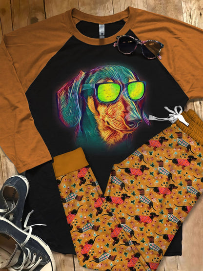 Dachshund Neon Pajama Set |Sleepwear Pjs Sets | Raglan Shirt Pants Set