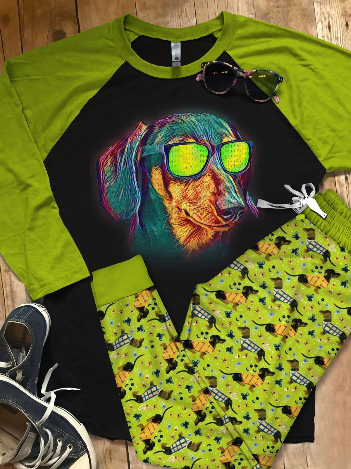 Dachshund Neon Pajama Set |Sleepwear Pjs Sets | Raglan Shirt Pants Set