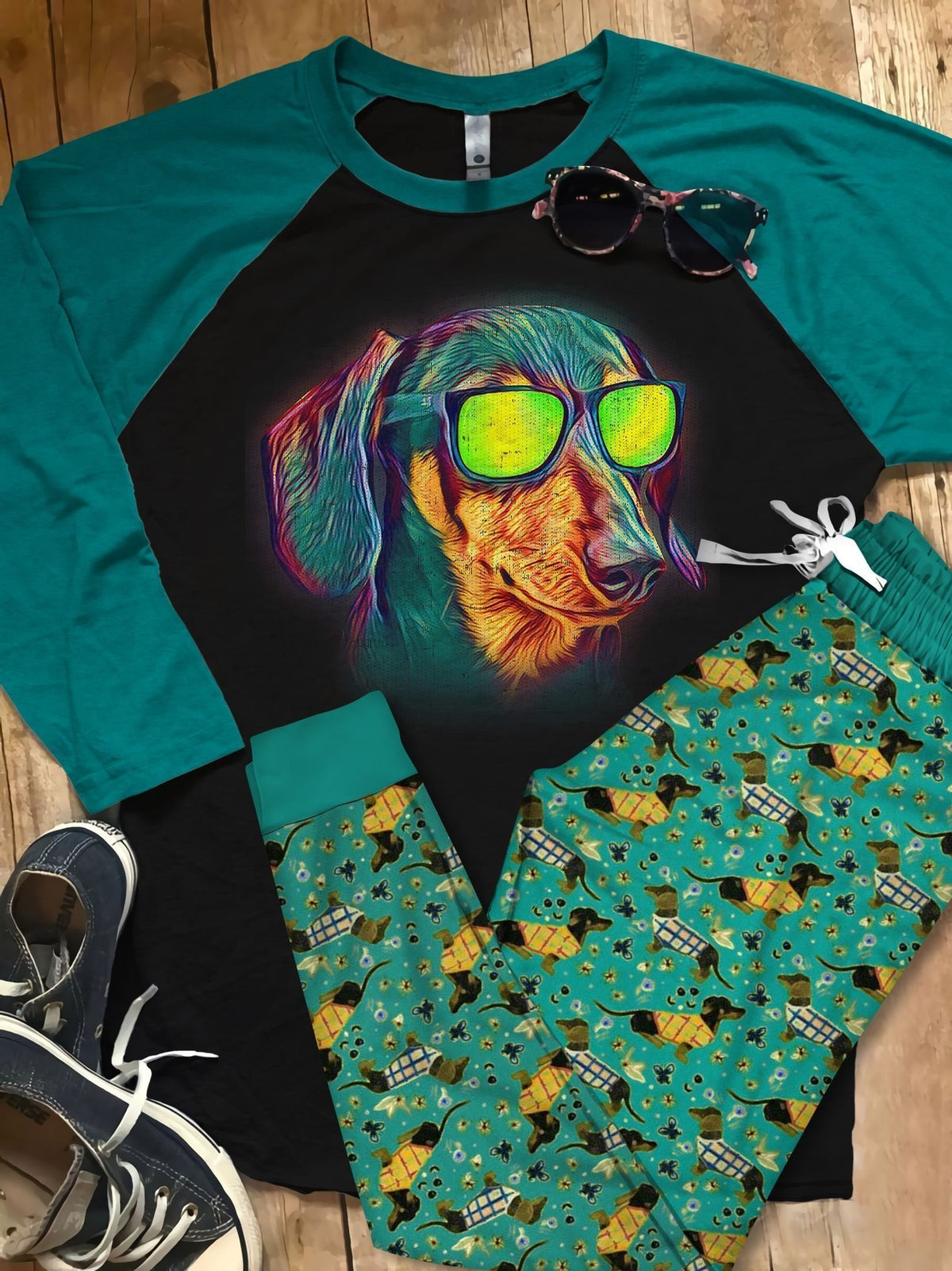 Dachshund Neon Pajama Set |Sleepwear Pjs Sets | Raglan Shirt Pants Set