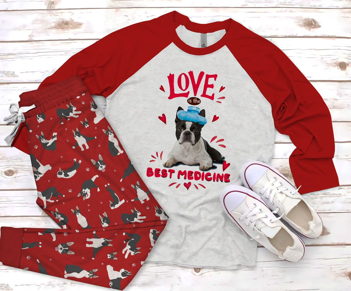 Boston Terrier Medicine Pajama Set |Sleepwear Pjs Sets | Raglan Shirt Pants Set