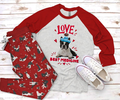 Boston Terrier Medicine Pajama Set |Sleepwear Pjs Sets | Raglan Shirt Pants Set