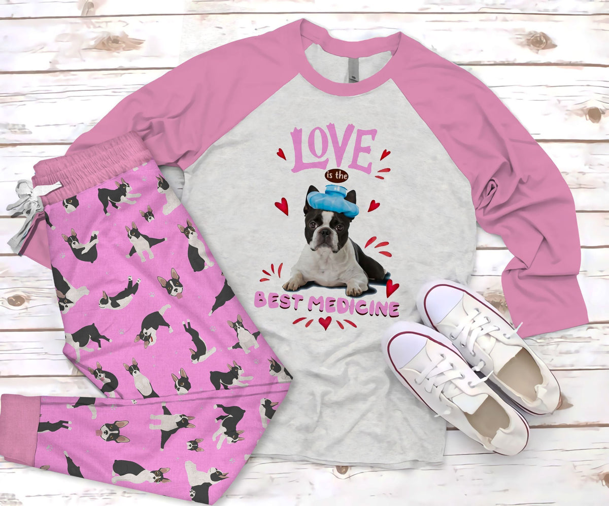 Boston Terrier Medicine Pajama Set |Sleepwear Pjs Sets | Raglan Shirt Pants Set