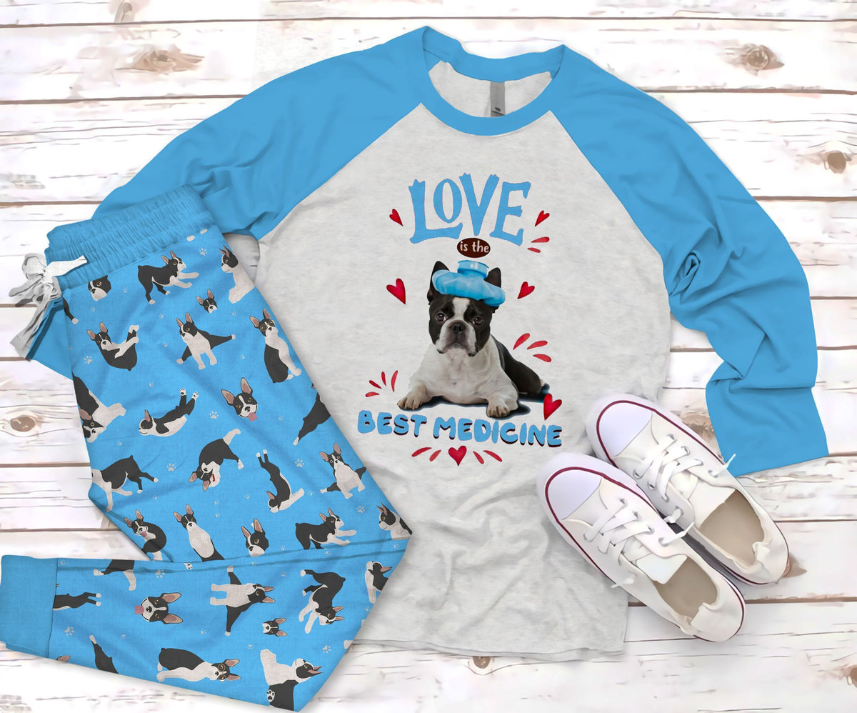 Boston Terrier Medicine Pajama Set |Sleepwear Pjs Sets | Raglan Shirt Pants Set