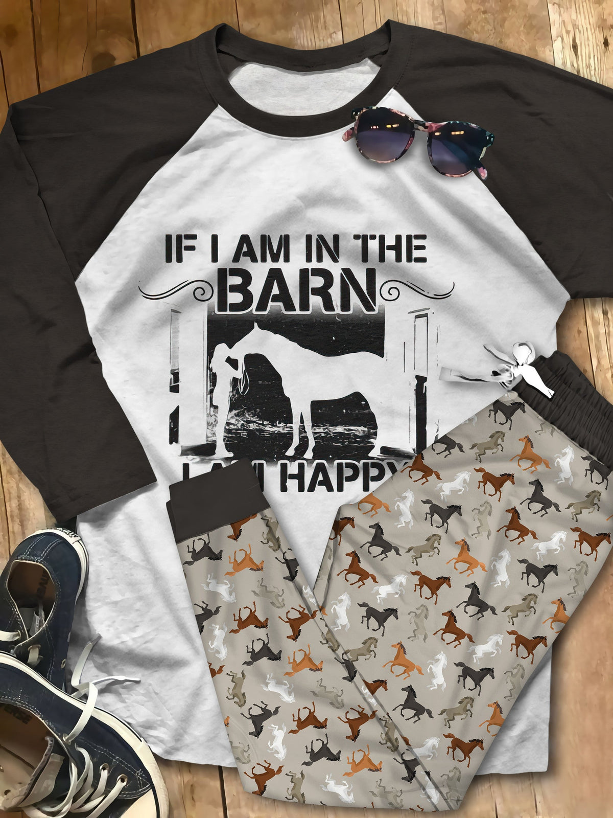 Horse Pajama Colors Pajama Set |Sleepwear Pjs Sets | Raglan Shirt Pants Set