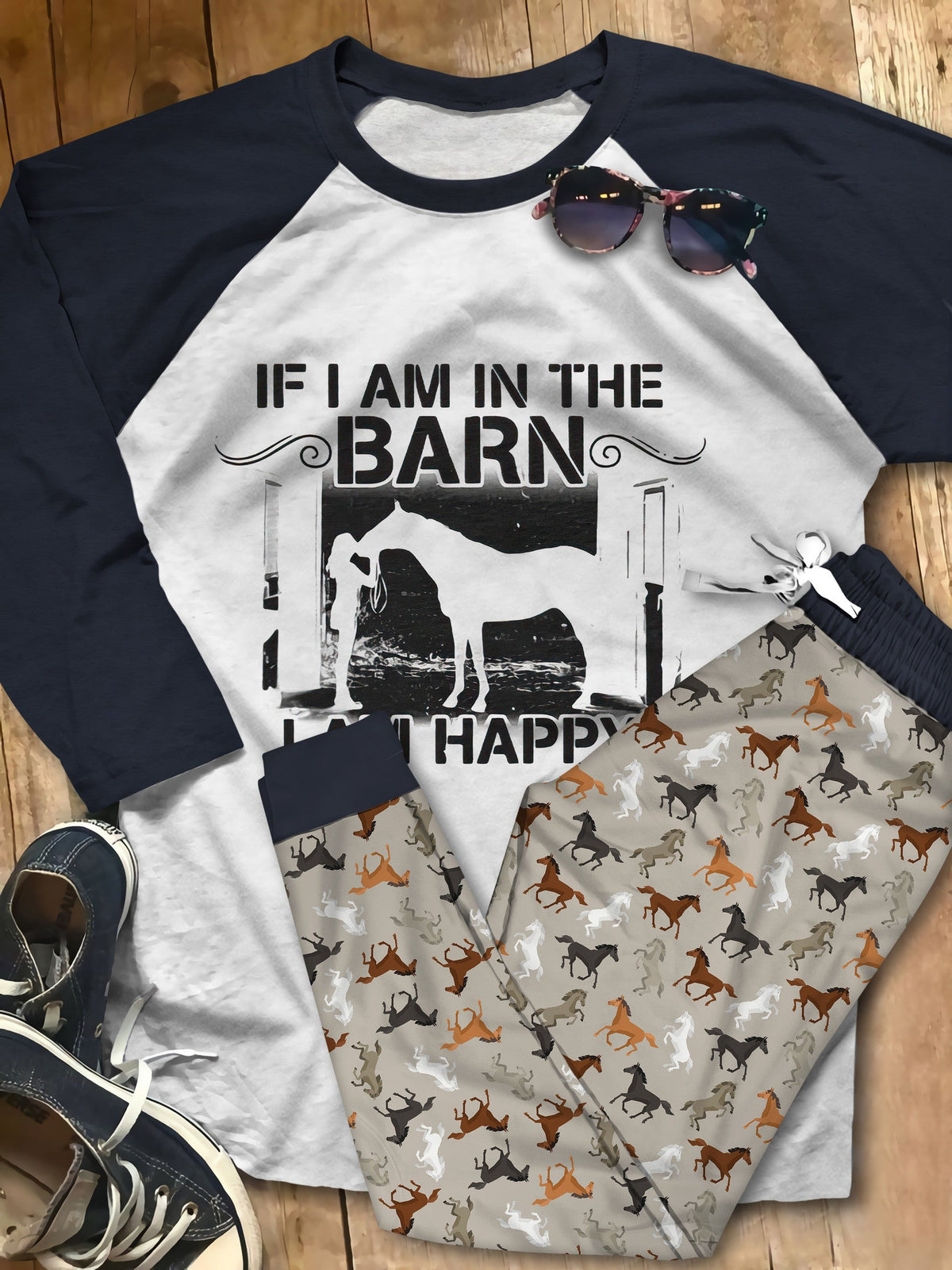 Horse Pajama Colors Pajama Set |Sleepwear Pjs Sets | Raglan Shirt Pants Set