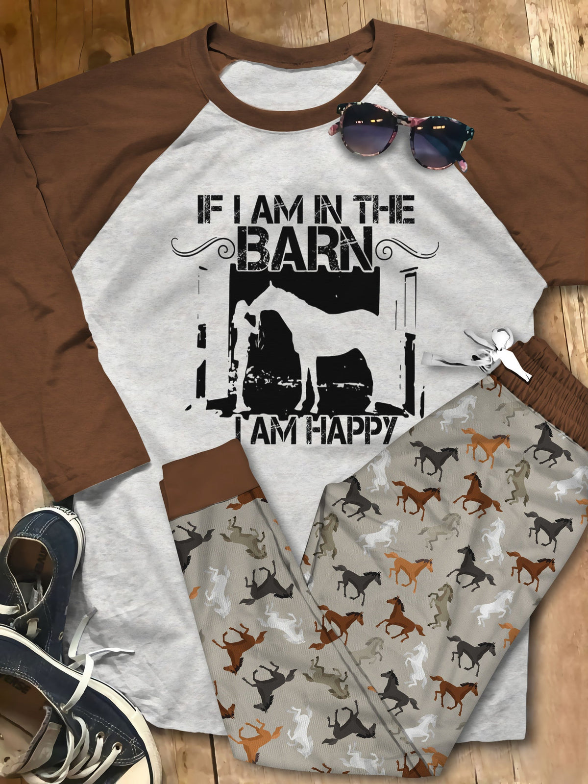 Horse Pajama Colors Pajama Set |Sleepwear Pjs Sets | Raglan Shirt Pants Set