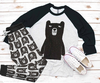 Bear Black Nice Pajama Set |Sleepwear Pjs Sets | Raglan Shirt Pants Set