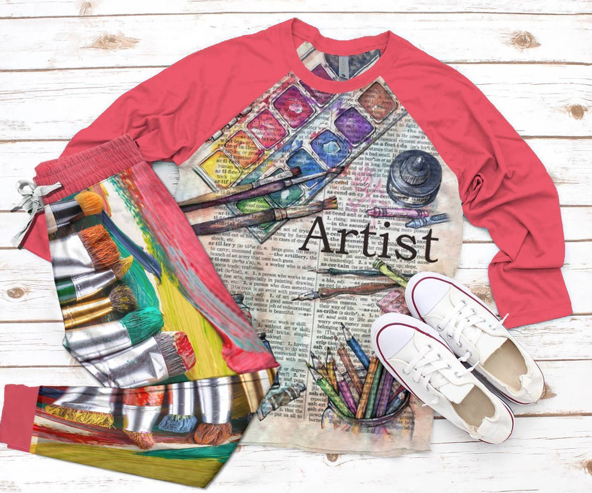 Painting Artist Painting Brushes Pink Good Pajama Set |Sleepwear Pjs Sets | Raglan Shirt Pants Set