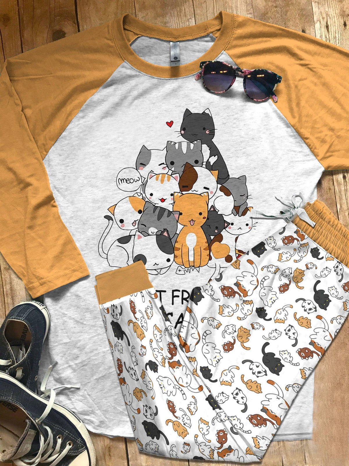 Cat I Just Freaking Love Cat Yellow Awesome Pajama Set |Sleepwear Pjs Sets | Raglan Shirt Pants Set