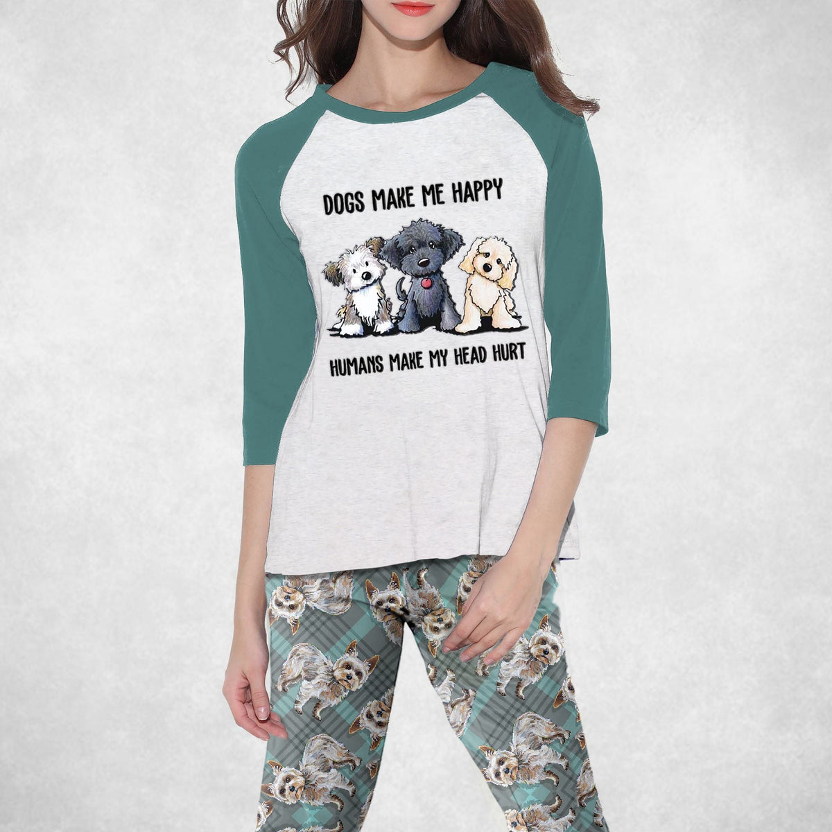 Dog Dogs Make Me Happy Teal Amazing Pajama Set |Sleepwear Pjs Sets | Raglan Shirt Pants Set