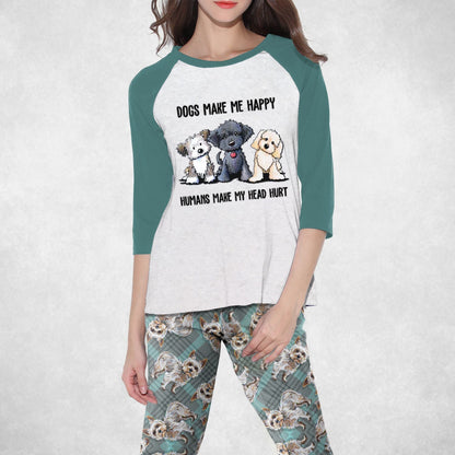 Dog Dogs Make Me Happy Teal Amazing Pajama Set |Sleepwear Pjs Sets | Raglan Shirt Pants Set