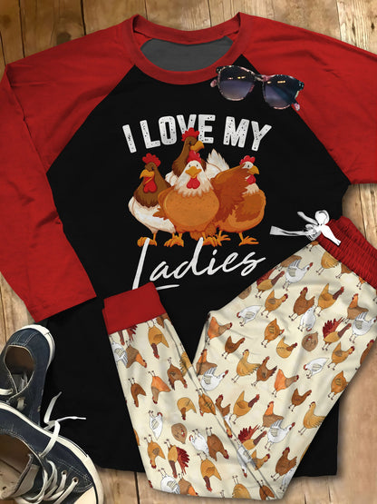 Chicken Set Chicken Ladies Pajama Set |Sleepwear Pjs Sets | Raglan Shirt Pants Set