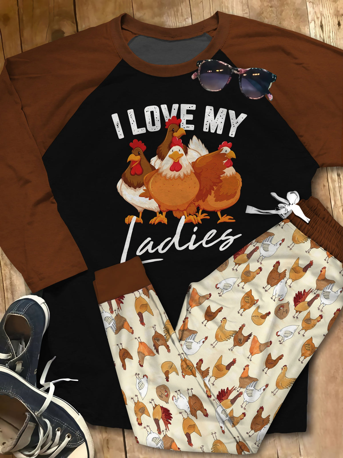 Chicken Set Chicken Ladies Pajama Set |Sleepwear Pjs Sets | Raglan Shirt Pants Set