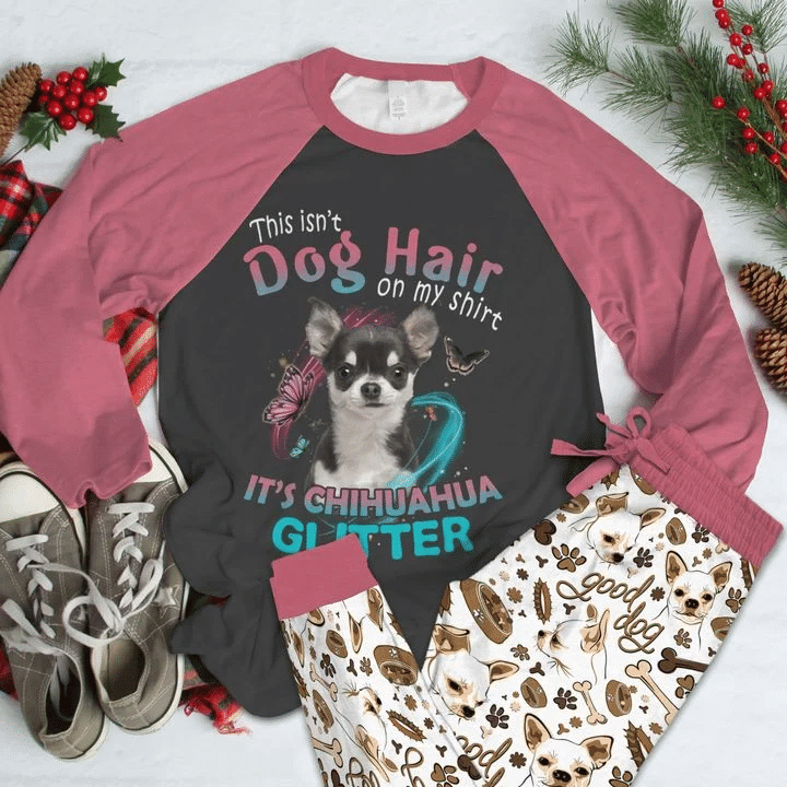 Chihuahua Dog Hair Pink Best Pajama Set |Sleepwear Pjs Sets | Raglan Shirt Pants Set