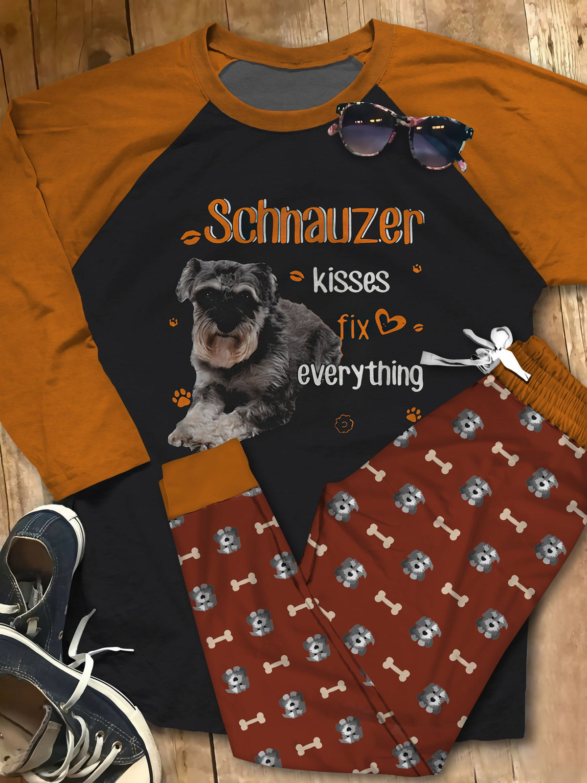 Miniature Schnauzer Kisses Fix Everything Brown Pajama Set |Sleepwear Pjs Sets | Raglan Shirt Pants Set