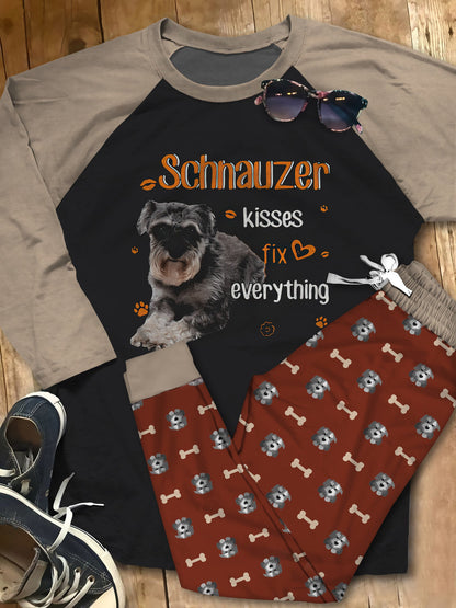 Miniature Schnauzer Kisses Fix Everything Brown Pajama Set |Sleepwear Pjs Sets | Raglan Shirt Pants Set