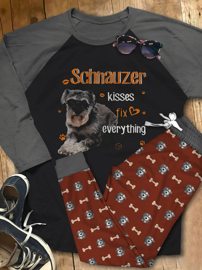 Miniature Schnauzer Kisses Fix Everything Brown Pajama Set |Sleepwear Pjs Sets | Raglan Shirt Pants Set